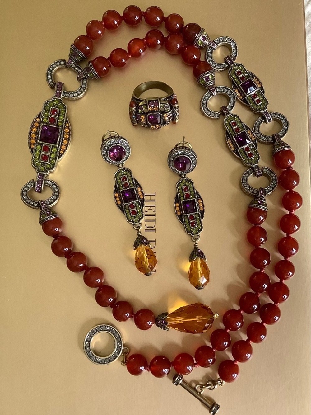 Heidi Daus Three Piece Semiprecious Carnelian Y-Not Crystal Beaded Set Red Multi